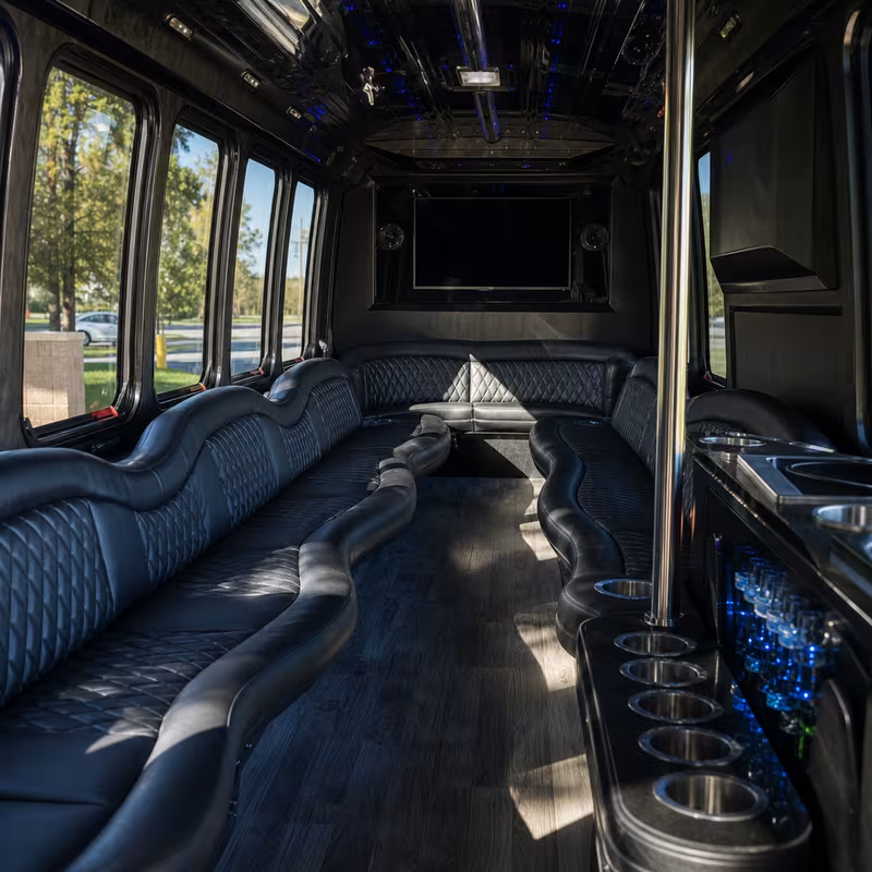 Friends laughing during a Mobile party bus celebration