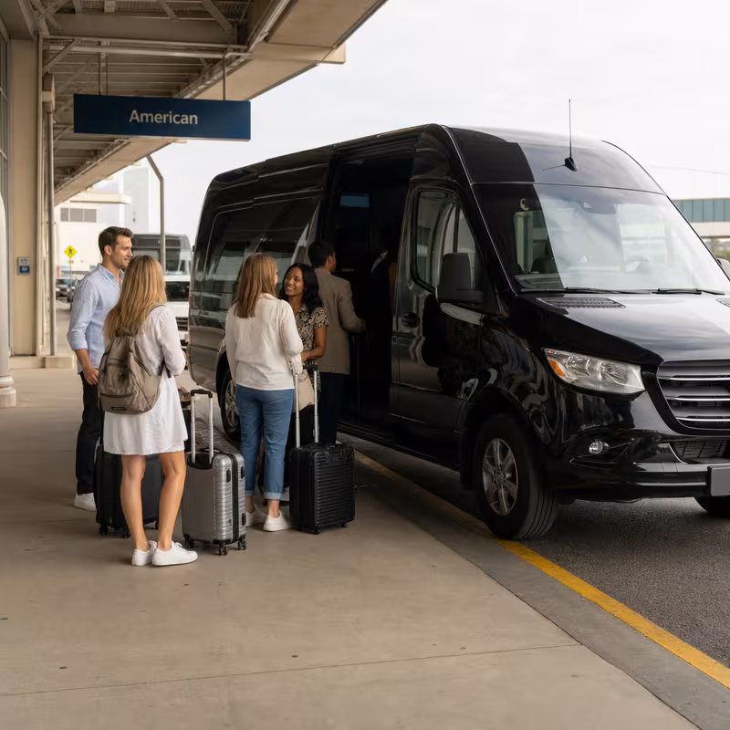 Group boarding a white charter bus for Airport Transportation transportation in Mobile