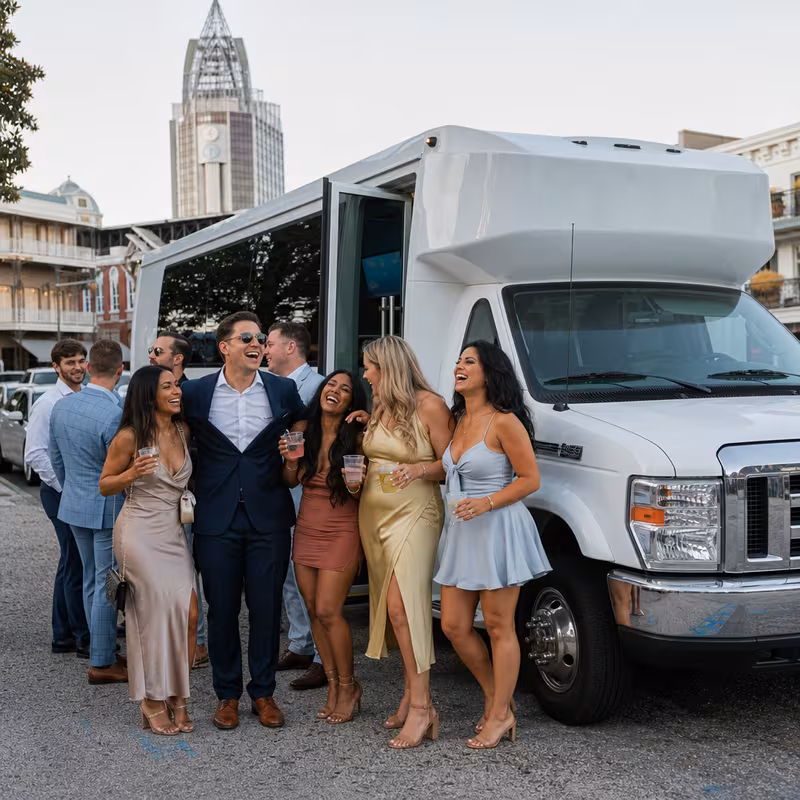 Black Mercedes Sprinter van staged for an Mobile Bachelor & Bachelorette Transportation group