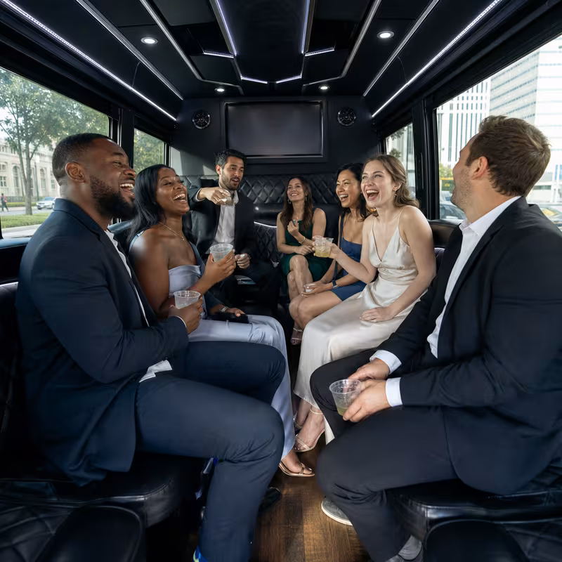 Party bus interior with wraparound leather seating and LED lighting in Mobile