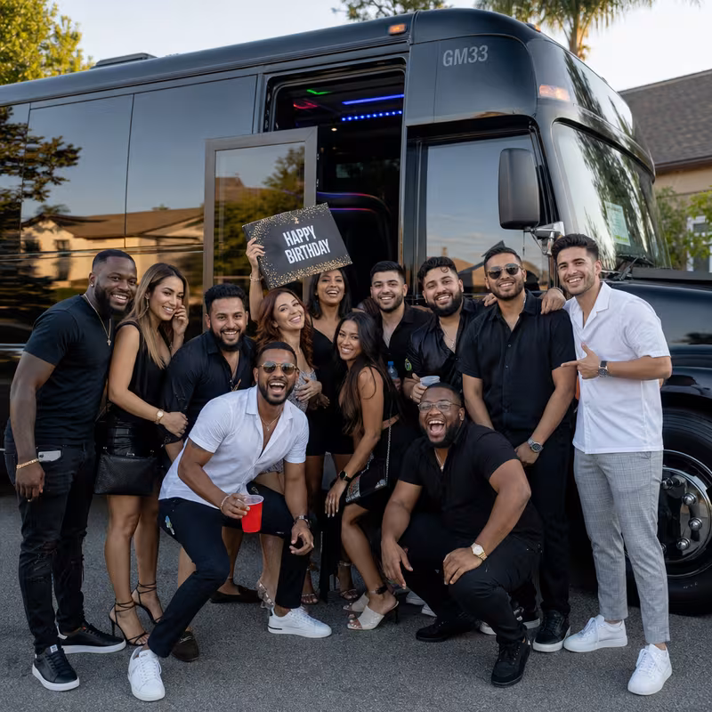 Group boarding a white charter bus for Birthday Transportation transportation in Mobile