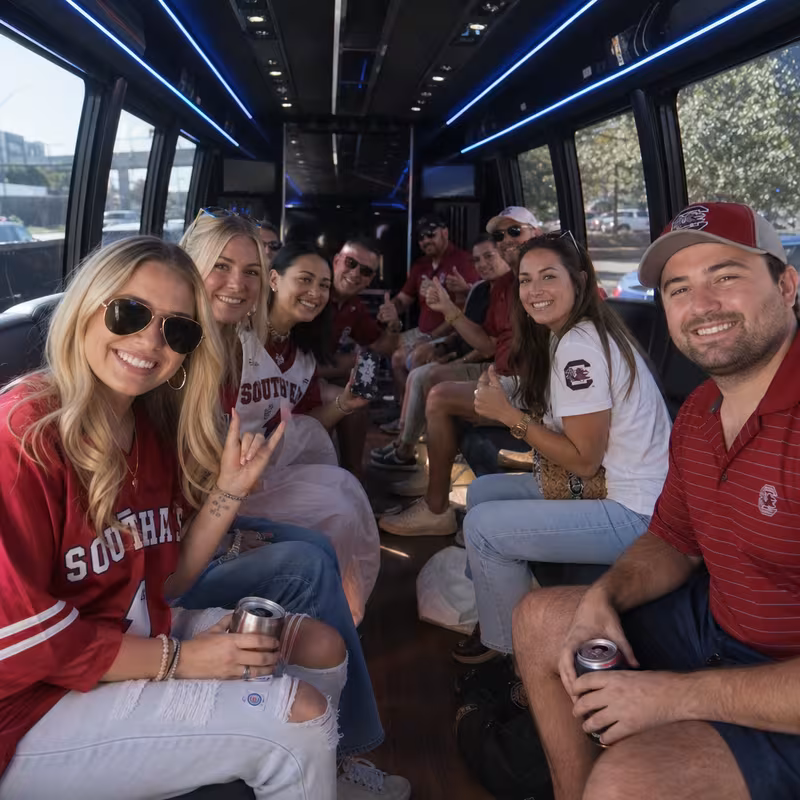 Group boarding a white charter bus for Sporting Event Transportation transportation in Mobile